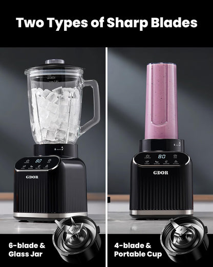 GDOR Professional Blender for Kitchen, 1200 Peak Watts Smoothie Blender, 5 Functions for Ice Crushing & Frozen Fruit, 52 Oz Glass Jar & 24 Oz To-Go Cup Combo, Self-Cleaning, Black