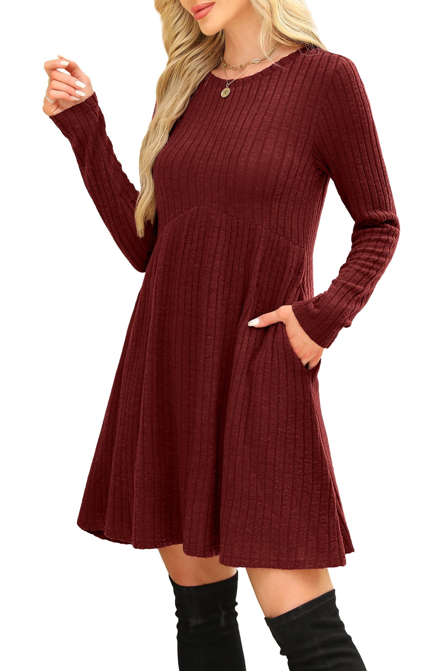 OFEEFAN Long Sleeve Dress for Women Crew Neck Empire Waist Tunic Dress with Pockets