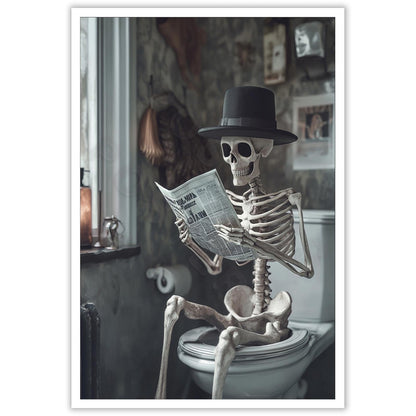 Funny Horror Skeleton Reading A Newspaper In The Toilet Print Picture Poster Whimsical Creepy Canvas Painting Wall Art Home Bathroom Room Decor Aesthetics 12X18 in Unframed