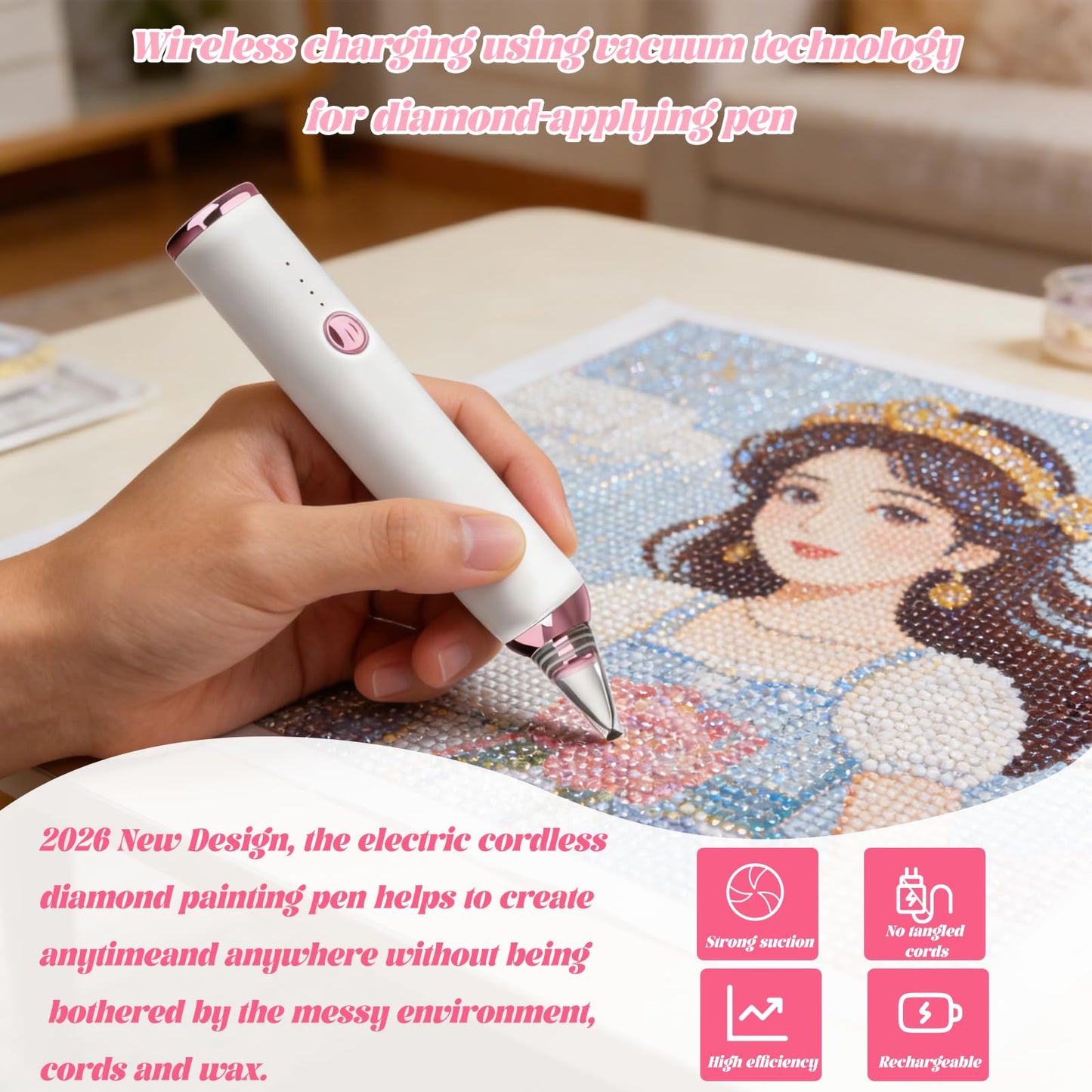 Electric Diamond Painting Pen, Cordless Vacuum Diamond Art Pen Low-Noise, Wax-Free, 3-Speed Adjustable, Rechargeable, Lightweight, Extra Tips - DIY Diamond Art Accessories Pens for Crafts Lovers