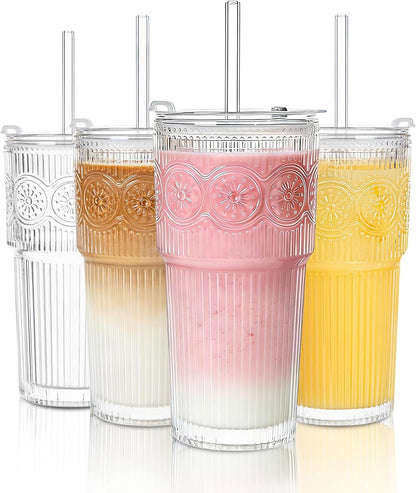 20oz Set 4 SoulTimes Ribbed & Floral Glass Tumbler of Reusable Glass Cups with Lid and Glass Straw, To-Go Iced Coffee