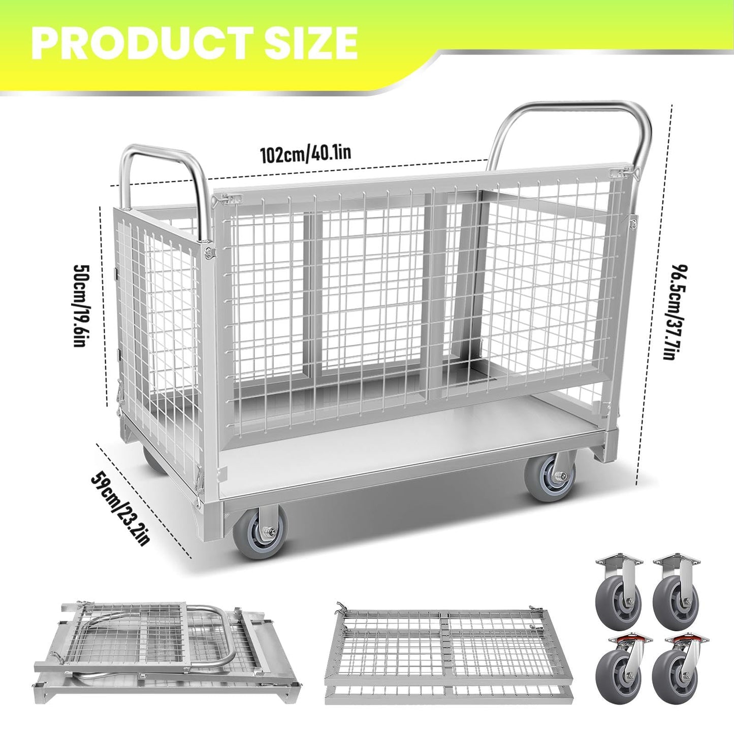 Heavy-Duty Platform Truck Cart with Cage, 2200LBS Capacity Reinforced Flatbed Truck for Warehouses. 4-in-1 Multifunctional Truck Cart with 360° Wheels, Versatile Platform Truck for Home & Business.