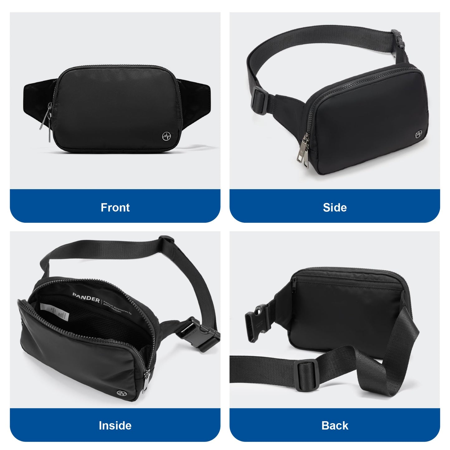 Pander Belt Bag Large 2L, Nylon Fanny Pack Purse for Women and Men with Adjustable Strap, Black Onyx, Large, Solid