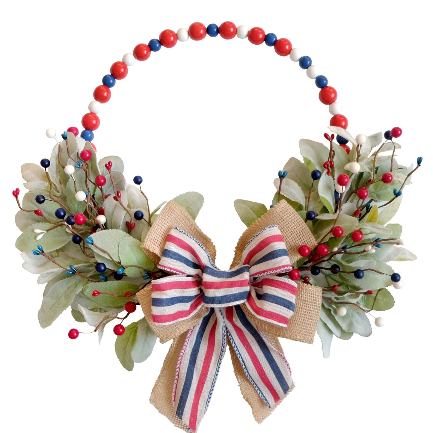 TEMPUS 4th of July Independence Day Wreath Red, White and Blue Wooden Bead Berries Wreath Lambs Leaves Ring Wreath 16 inch Patriotic Decorations for Front Door，Memorial Day Flag Day Veterans Day