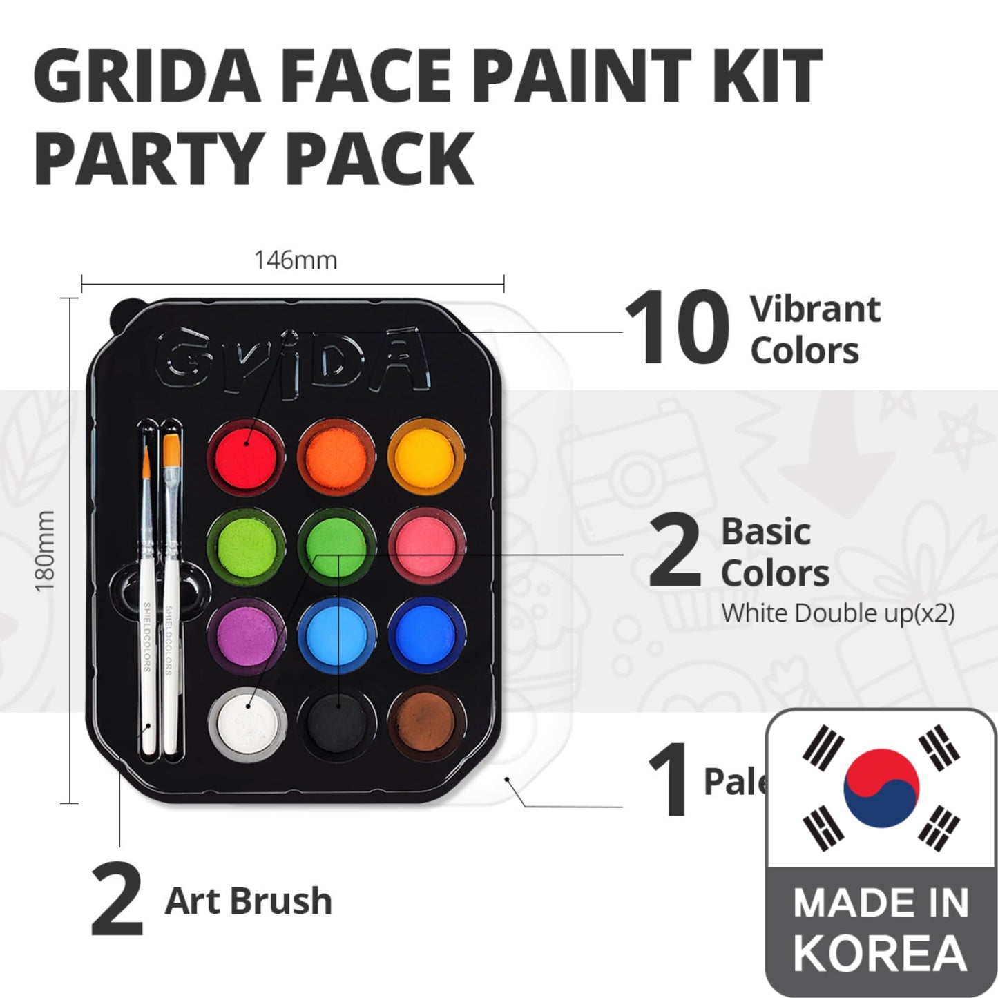 Grida Kids Friendly Face Paint - Professional Party Face Painting Kit for Kids with 12 Vibrant Colors with Double White - Easy to Remove, Vegan, Cruelty-Free Set with Palette & Art Brushes