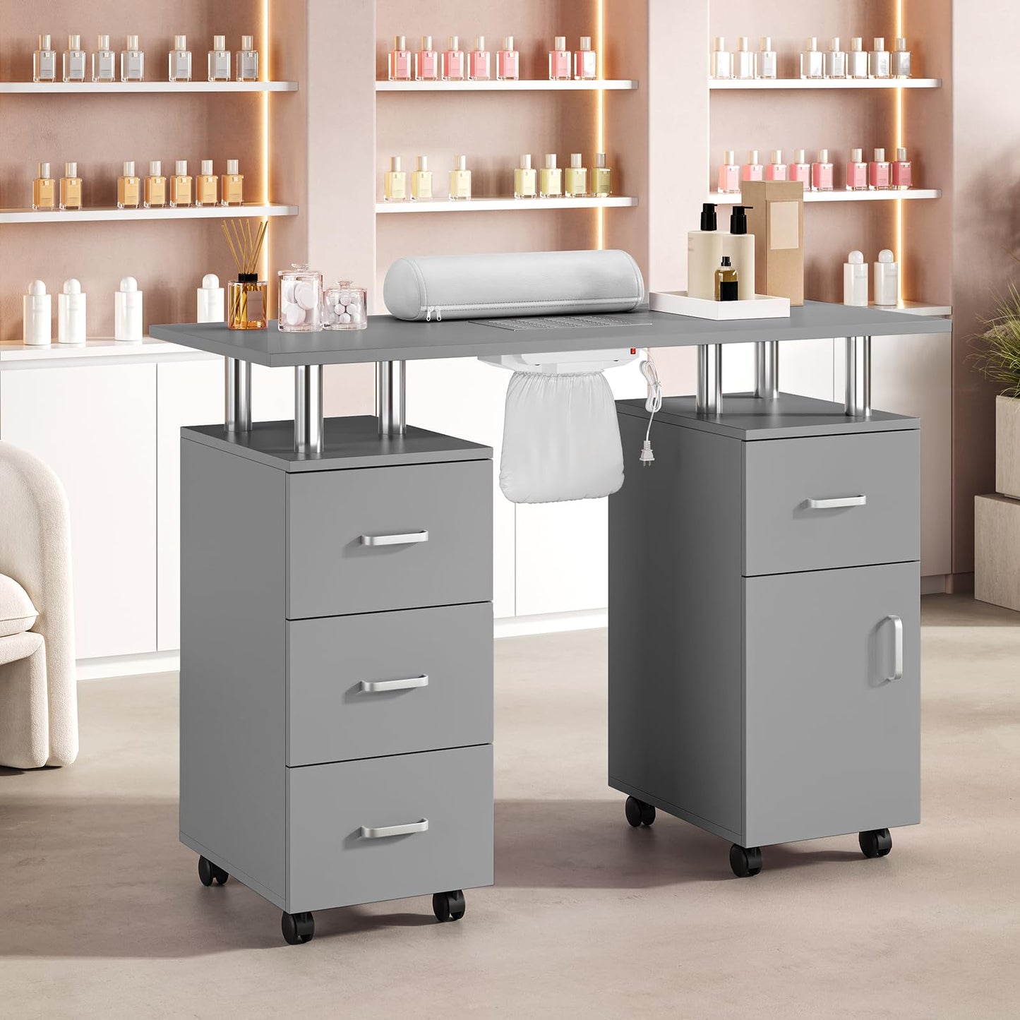 GAOMON Manicure Table with Dust Collector and Hand Rest for Makeup Beauty Spa Salon Station - Nail Desk for Nail Tech with Storage Cabinets Arm Rest, 4 Drawers and Lockable Wheels