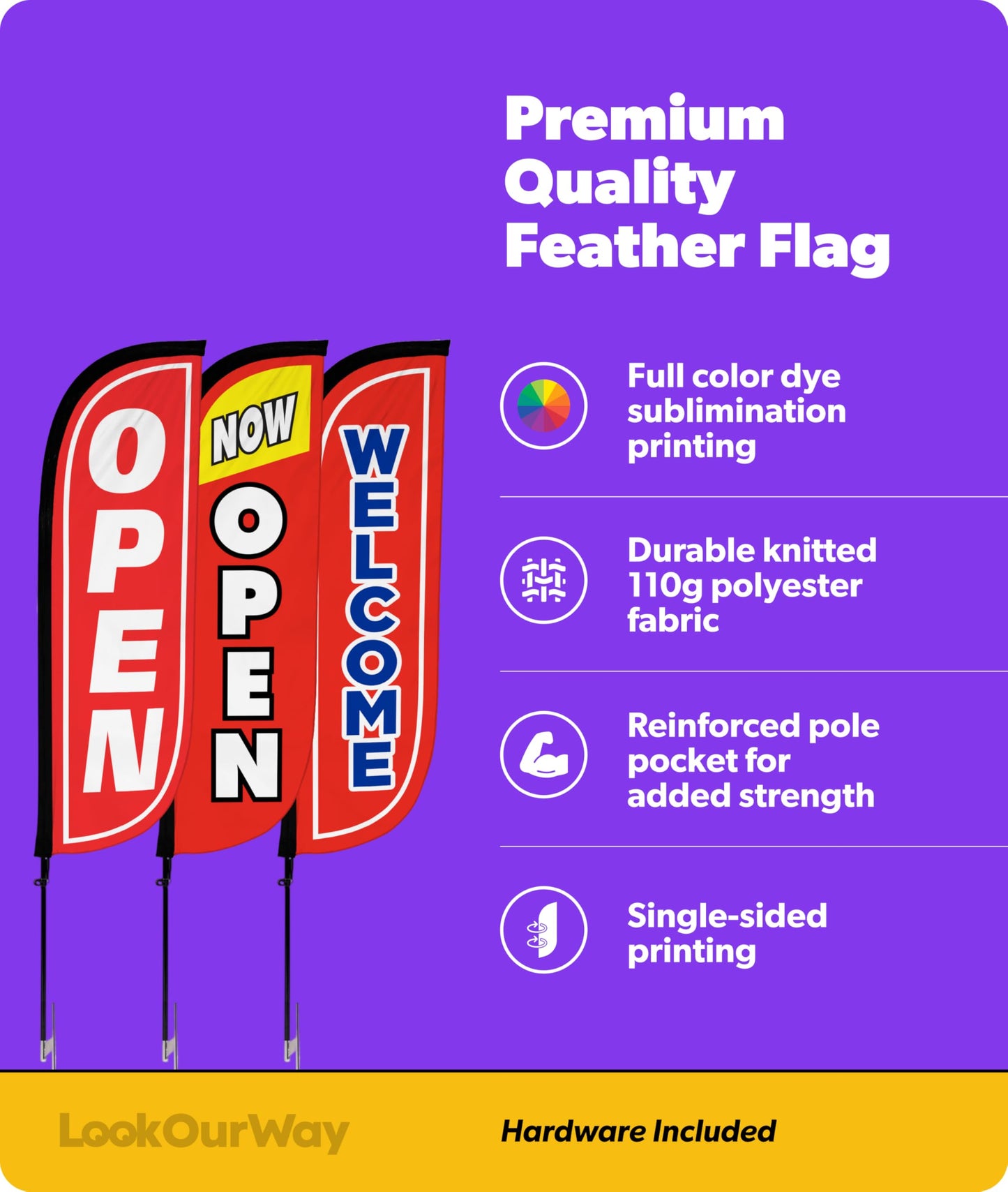 LookOurWay Feather Flag Pole Kit 3-Pack Bundle - 7ft Tall Grand Opening Advertising Banners with Poles and Ground Spikes - Open Red/White, Now Open Red/Yellow, Welcome Red/Blue