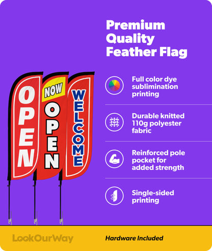 LookOurWay Feather Flag Pole Kit 3-Pack Bundle - 7ft Tall Grand Opening Advertising Banners with Poles and Ground Spikes - Open Red/White, Now Open Red/Yellow, Welcome Red/Blue