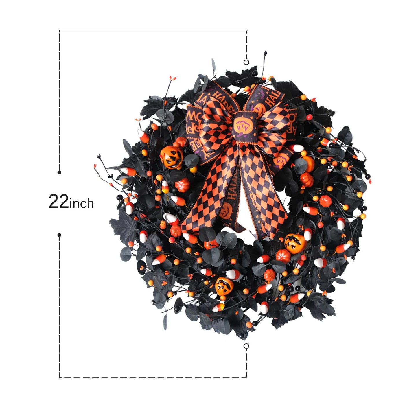Bibelot 22inch Halloween Eucalyptus Wreaths Bow Decorative Wreaths Black Wreaths Pumpkin Decorative Party Holiday Celebration Indoor Outdoor Home Decoration
