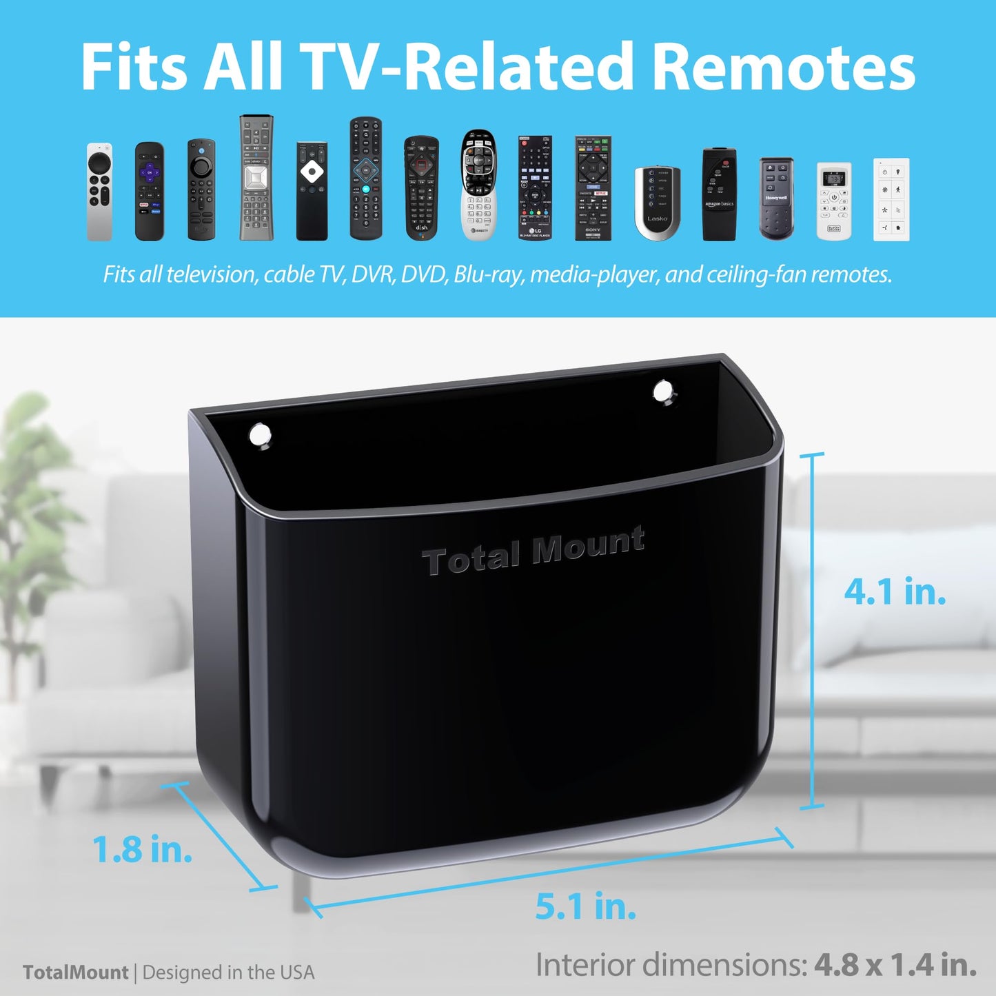 TotalMount Hole-Free Remote Holder – Eliminates Need to Drill Holes in Your Wall (for 2 or 3 Remote Controls – Black – Quantity 1)