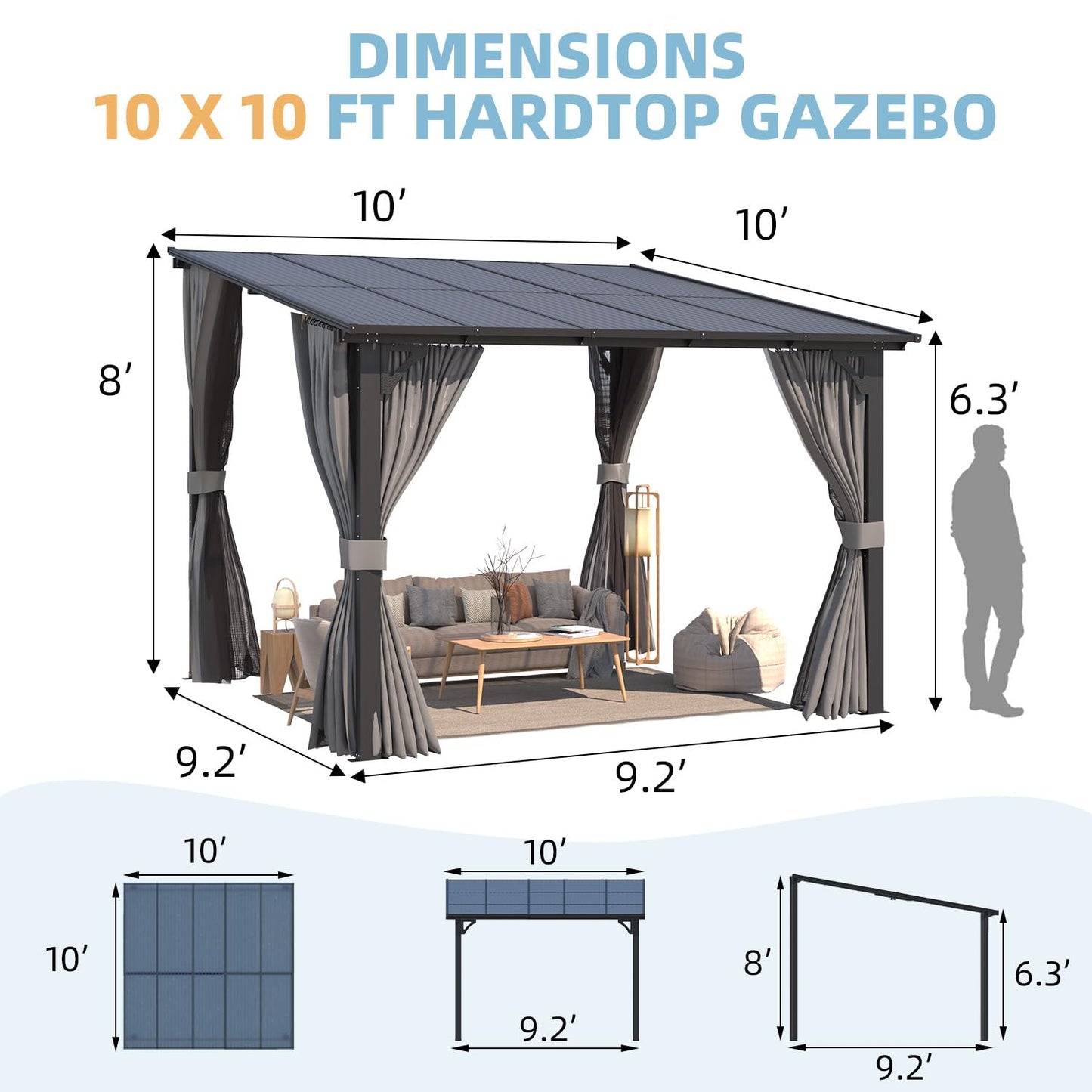 AECOJOY 10’ x 10’ Gazebo, Wall Mounted Gazebos Pergola with Curtains and Mosquito Netting, Enhanced Protective Outdoor Patio Lean to Gazebo Awnings for Deck, Porch, Backyard and Outside