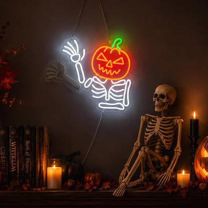 Waving Pumpkin Skeleton Neon Sign, Flashing Halloween Neon Sign, Dimmable Skull Led Light for Wall Decor, Halloween Decorations for Home, Party, Bar, Window