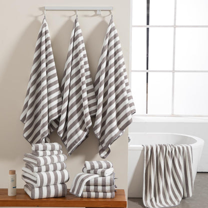 18 Set Loop-6 Towels,6 Towels,6 Set Pcs Light Gray Stripe Bath Towel with Hanging Bath Hand Washcloths Soft Family