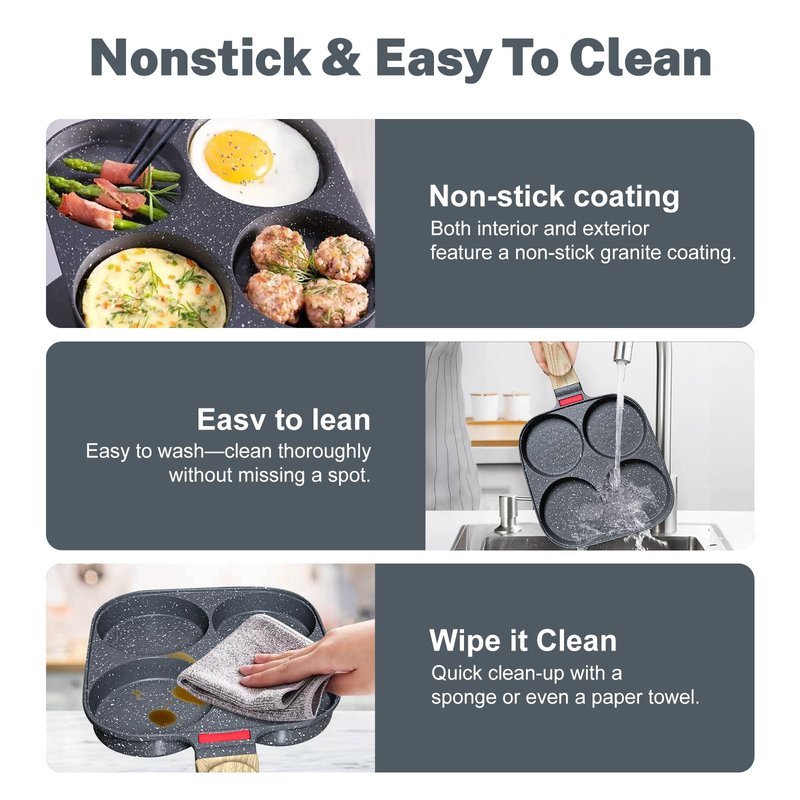 4‑Cup Nonstick Egg Pan Set with Lid – Aluminum Omelette Skillet for Breakfast, Includes Silicone Scraper, Oil Brush, Chopsticks & Cleaning Cloth – Compatible with Gas & Induction Cooktops (Black)