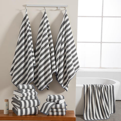 18 Set Loop-6 Towels,6 Towels,6 Set Pcs Gray Stripe Bath Towel with Hanging Bath Hand Washcloths Soft Family Towels
