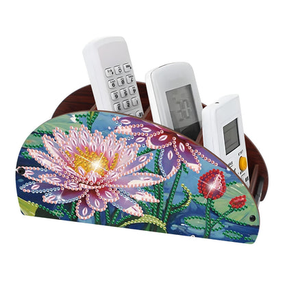 DIY Diamond Painting Storage Box, Pink Lotus Design Handmade 5D Diamond Art Case Multi-Compartment Wooden Desktop Organizer for TV AC Remotes Makeup Brushes Pens Holder Tabletop Craft Storage