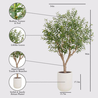 CG Hunter Faux Olive Tree, Premium Artificial Indoor & Outdoor Tree Stands 8' Tall, Lifelike-Leaves & Hand Painted Trunk, White Pot Included