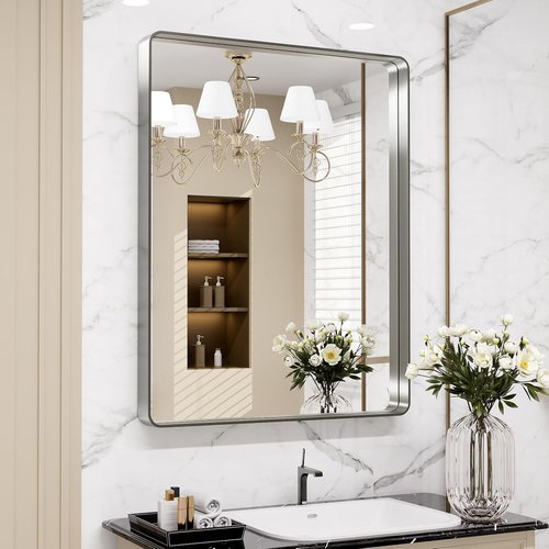 LOAAO Brushed Nickel Bathroom Mirror - 28X36 Inch Rounded Rectangle Design | Anti-Rust & Shatter-Proof