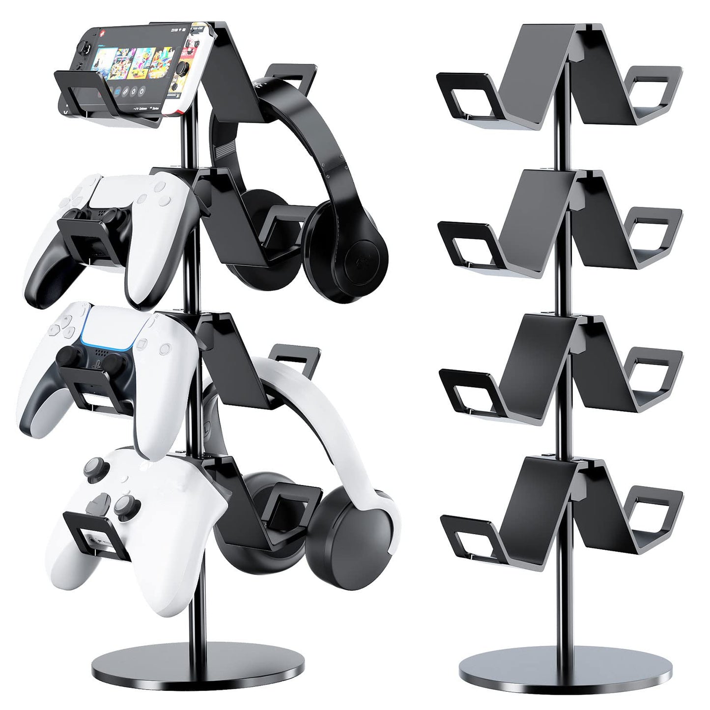 Karanava Controller Holder 4 Tier,Headphone Stand - Adjustable Headset Holder for Xbox PS5 PS4 Switch Pro - Gaming Storage for Universal Game Accessories,Desk/Floor(Black)