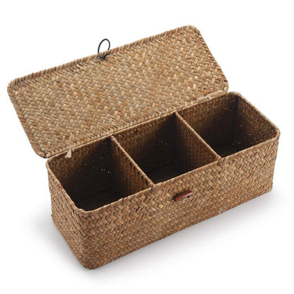 Seagrass Storage Basket for Bathroom - Toilet Tank with Lid, Wicker Woven Narrow Basket for Organizing (13" x 5" x 4.3")