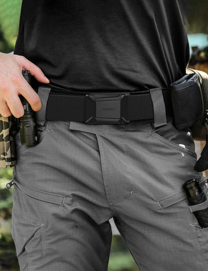JUKMO Stretch Tactical Belt for Men, Military Work Rigger Hiking 1.5" Elastic Nylon Web Ratchet Quick Release Belt in Gift Box (Black, Medium)