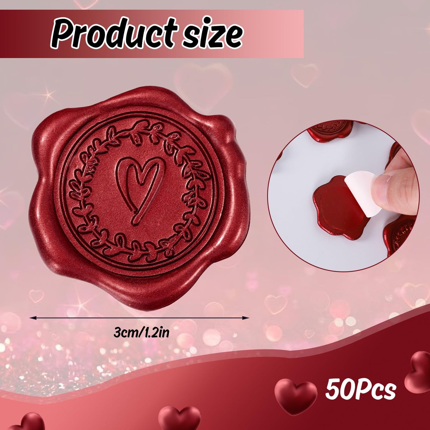 Whaline 50Pcs Valentine's Day Embossed Wax Seal Stickers Wine Red Heart Pattern Envelope Seal Decals Self-Adhesive Stamp Sticker for Wedding Invitations Greeting Cards Supplies DIY Craft, 1.2 Inch