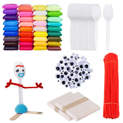 100 Set Fork Creativity Set, Air Dry Clay Plastic Sporks Red Pipe Cleaners Clever Eyes Popsicle Stick,Make Your own Forky