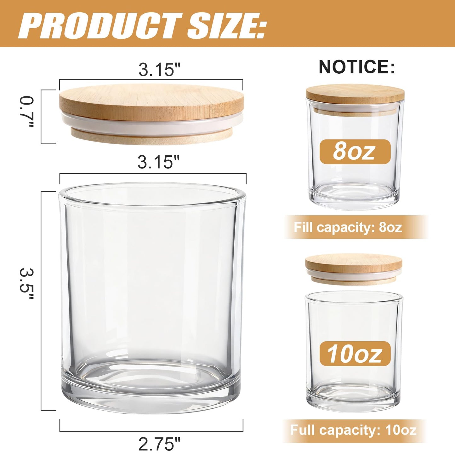 YJHSS 10oz Glass Candle Jars, 12-Pack Candles Jars for Making Candles, Empty Thick Glass Wide-Mouth Jars with Bamboo Lids & Wick Kits, Candle Containers Bulk - Clear