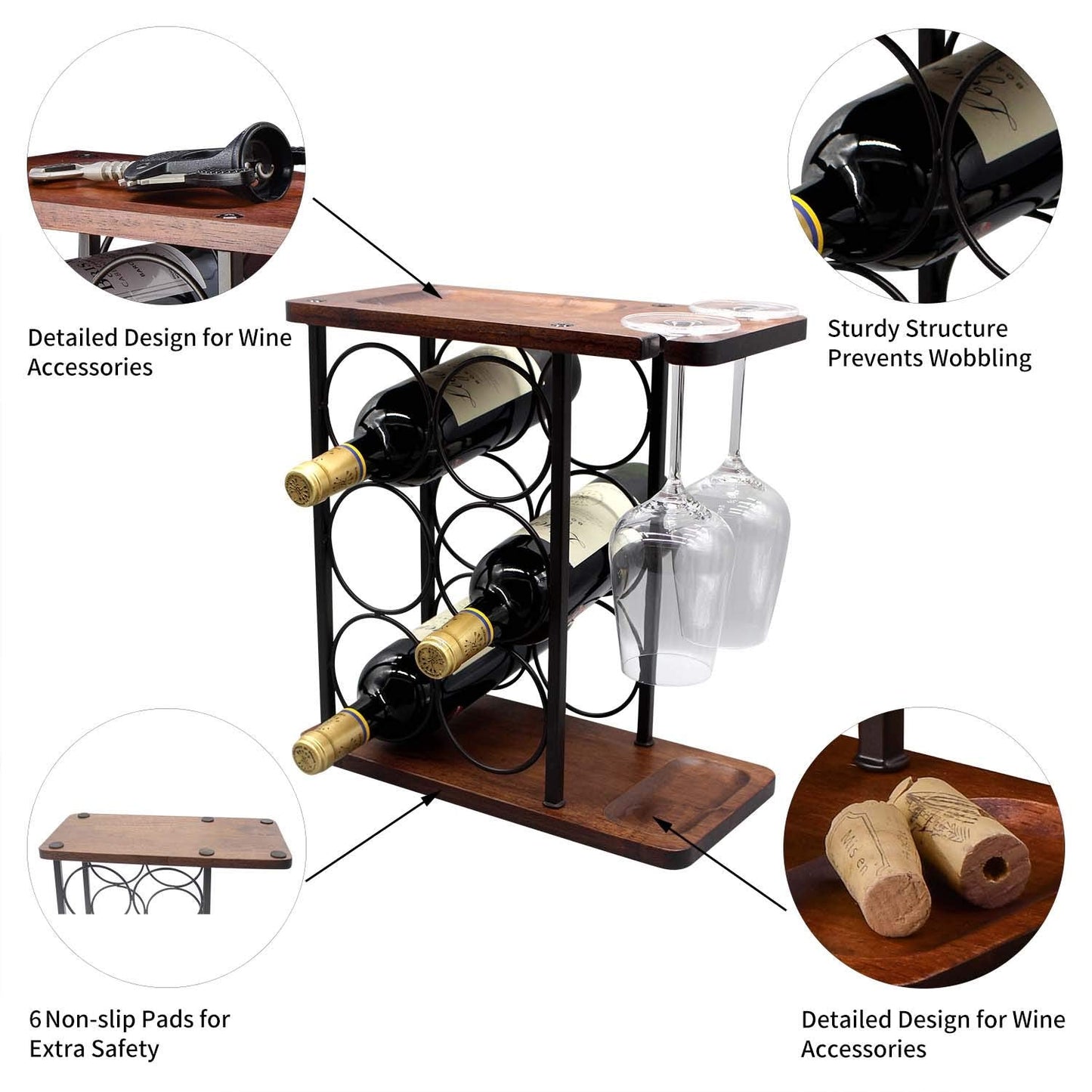 SASIDO Wine Racks Countertop, Wine Holder and Glasses Rack, Wooden Wine Stand with Tray, Perfect for Home Decor & Kitchen Storage Rack etc (Hold 6 Bottles and 2 Glasses)
