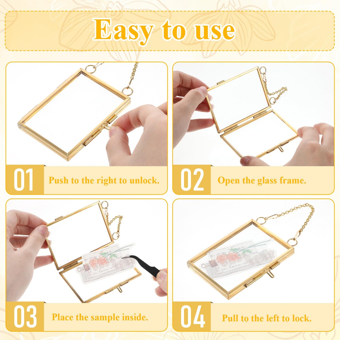 4Pcs Double Glass Frame for Pressed Flowers, 2x3 inch Brass Clear Pressed Flower Decor with Chain, Gold Floating Hanging Photo Frame, Horizontal Vertical Frames for Specimen Artwork Display Decor