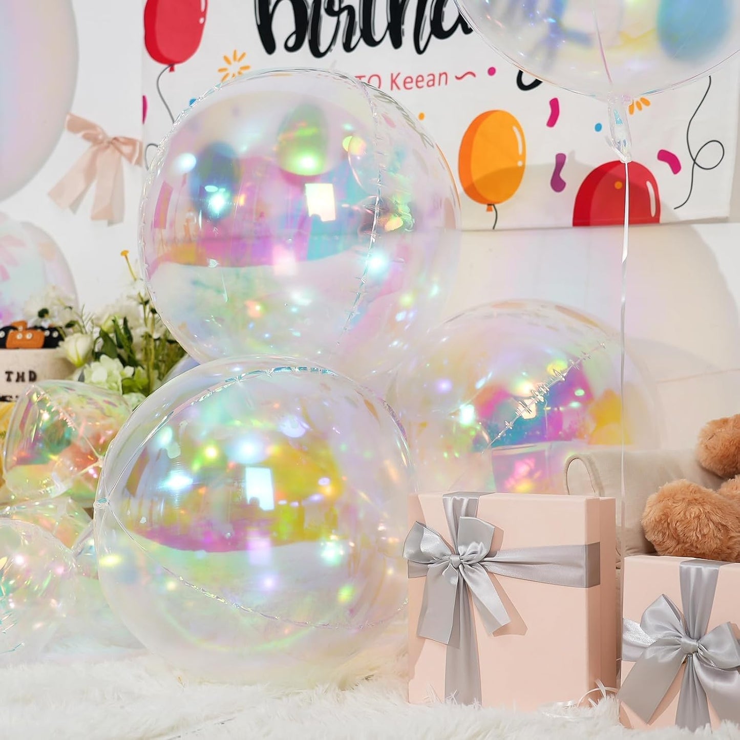 Skiennix Iridescent Round Foil Balloons - Holographic 4D Clear Balloons for Birthday & Wedding Decor | 12 Pcs Set