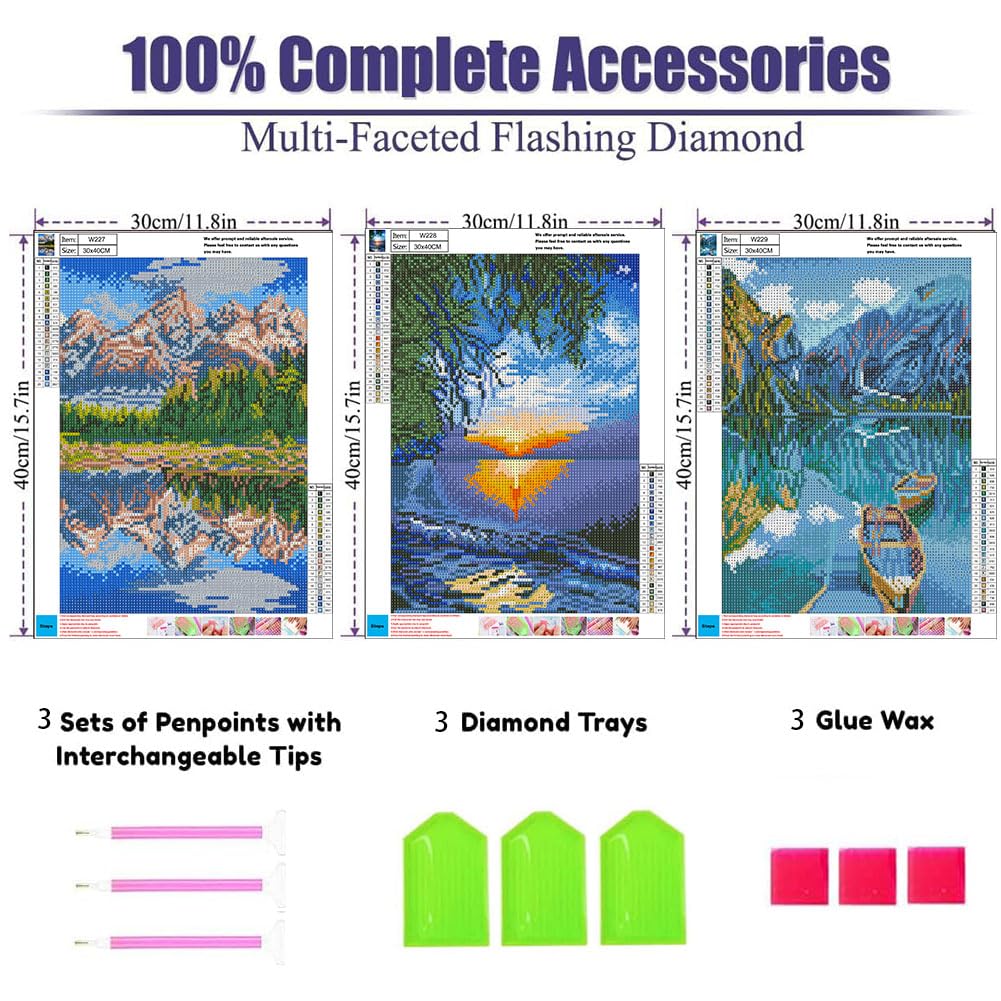 OFRKE Diamond Painting Kits for Adults,3 Pack Landscape Diamond Art for Beginners, Diamond Round 5D Full Drill Paint with Diamonds Pictures Gem Art Painting Kits DIY Crafts Kits 12x16inch