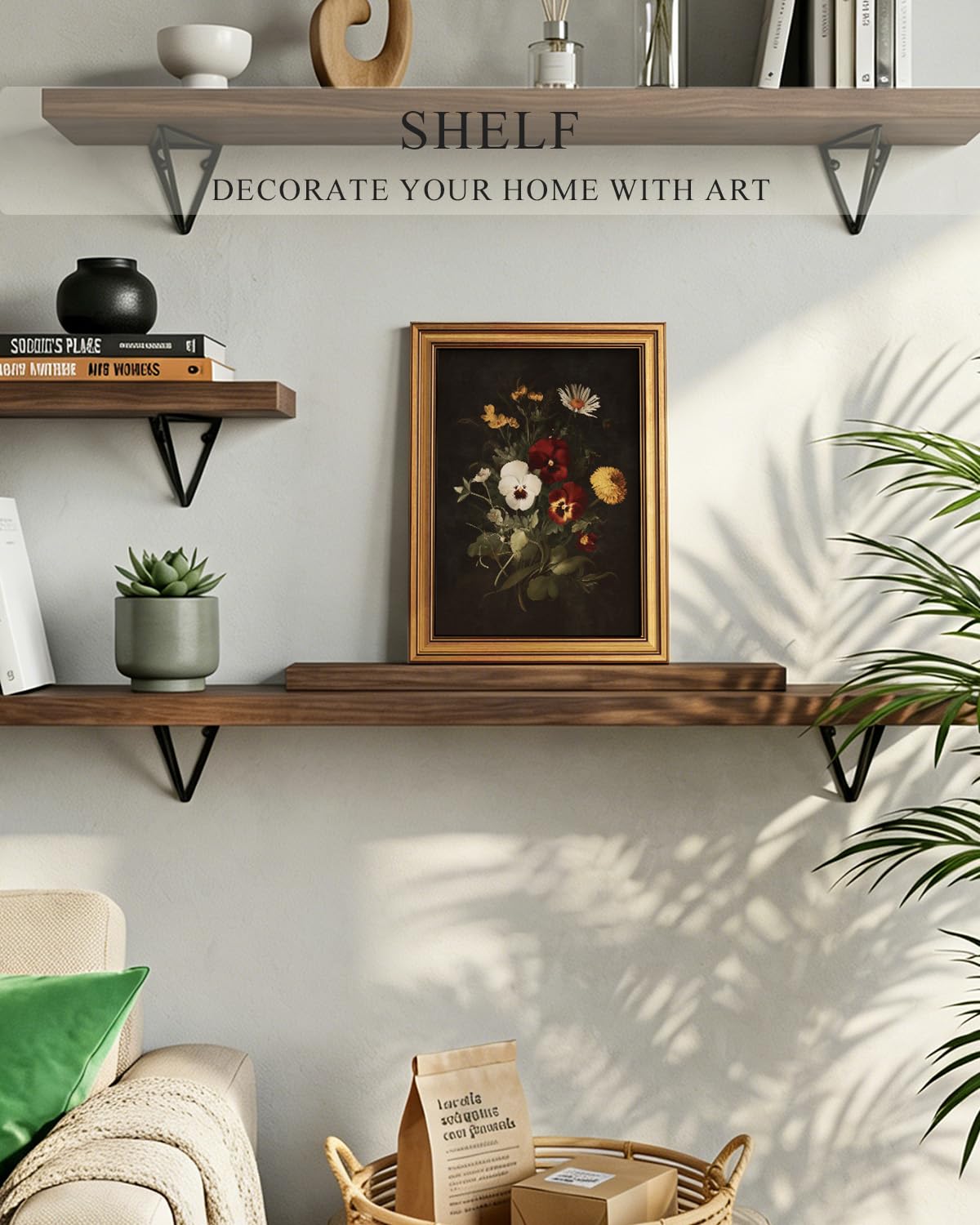ARPEOTCY Gold Framed Canvas Wall Art, Dried Pressed Flower Wall Decor, Farmhouse Style Painting Pictures, Bedroom Kitchen Shelf Decor, Home, Decoration for Living Room, Kitchen, 12x16inch
