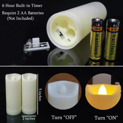 LED Battery Operated Candles 2"x5" Plastic Flickering Flameless Candles with Timer Outdoor Waterproof Wedding Party Halloween Christmas Birthday Decoration Gifts Realistic Slim Tall Pillar Candles