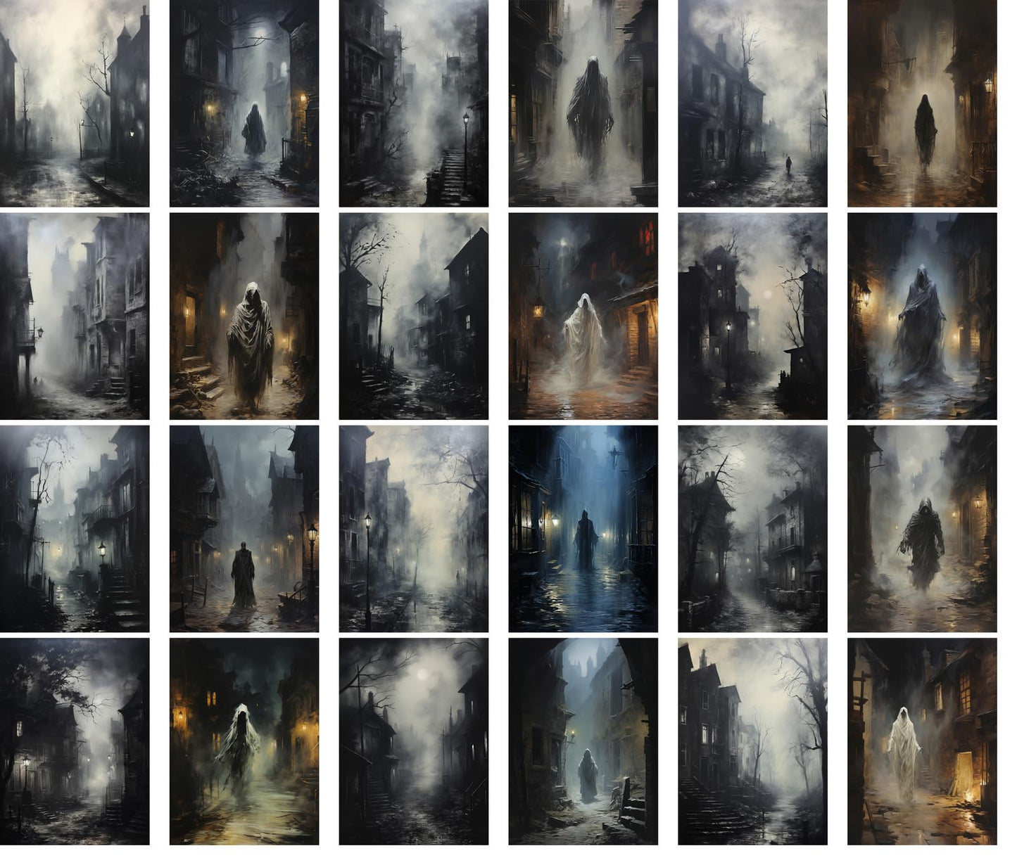 Large Stickers Pack 24 pcs ~ Ghostly Silhouettes: Mysterious Figures Roaming Fog-Enshrouded Streets - A Haunting Stickers Collection of Gothic Vistas
