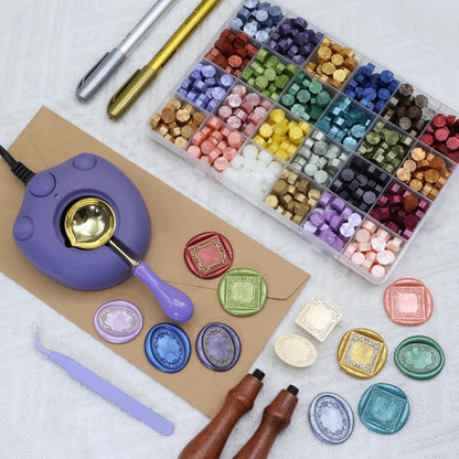 Frame Wax Seal Stemp Kit with 24 Colors Wax Seal Beads 624pcs,Electric Wax Seal Warmer,3D Embossed Frame Wax Seal Stamp,Sealing Wax Spoon, Wax Seal Pen, Tweezer,Wax Seal Stamp kit (24B)