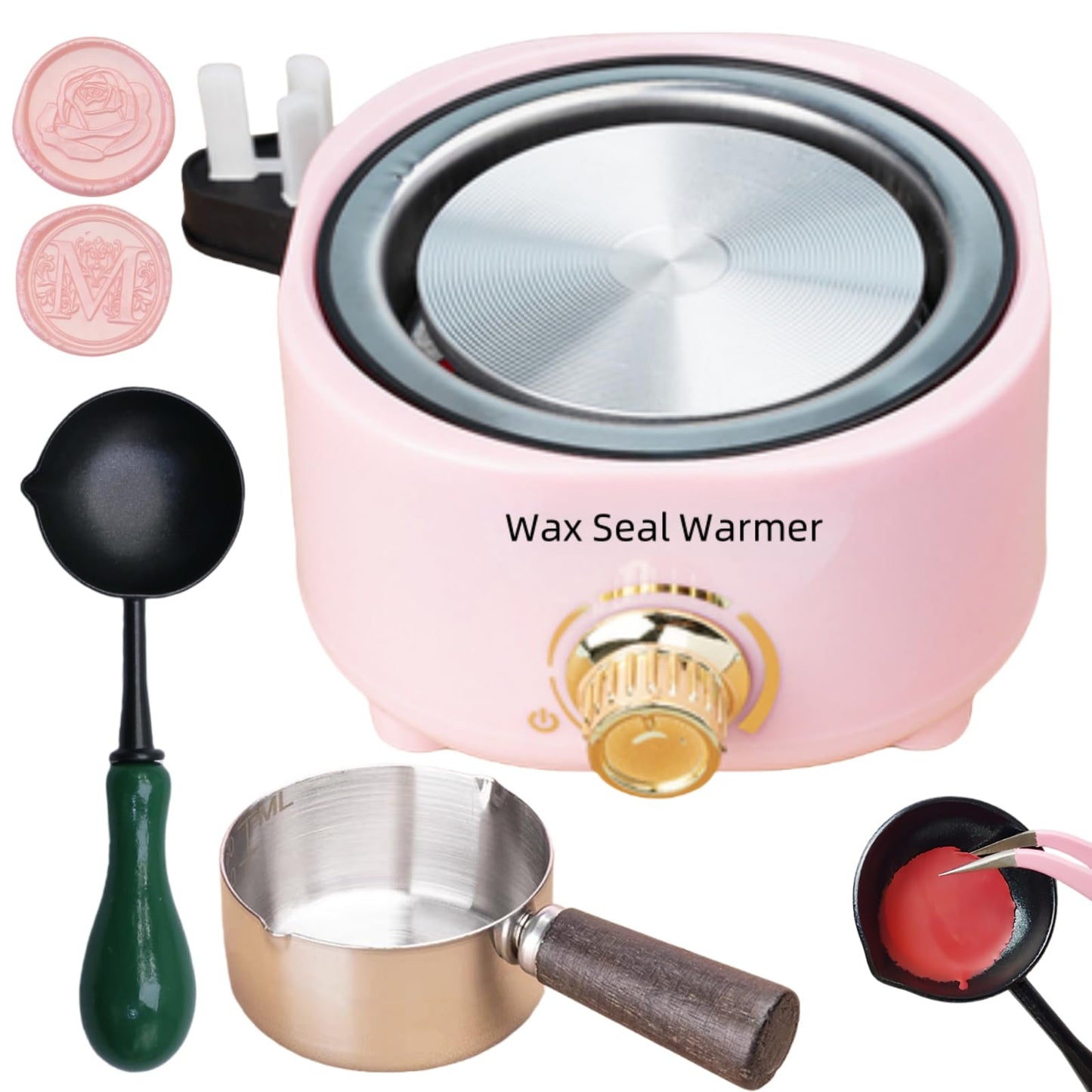 Wax Seal Warmer Electric, Pink Sealing Wax Warmer Furnace Kit Includes 1Pcs 80ml Large Spoon and 1Pcs Non-Slip Spoon Sealings Stamp Melting Warmer Great Tool for Melt Waxs Seals Sticks Beads (Pink)