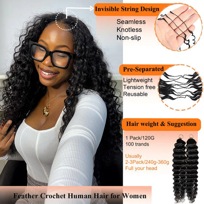 20 Inch Feather Crochet Human Hair for Black Women Miracle Knots Crochet Bundles 120g Pre-Separated Deep Curly Wave Crochet Human Hair Extensions Reusable Knotless Invisible 100 Strands CNZZJX