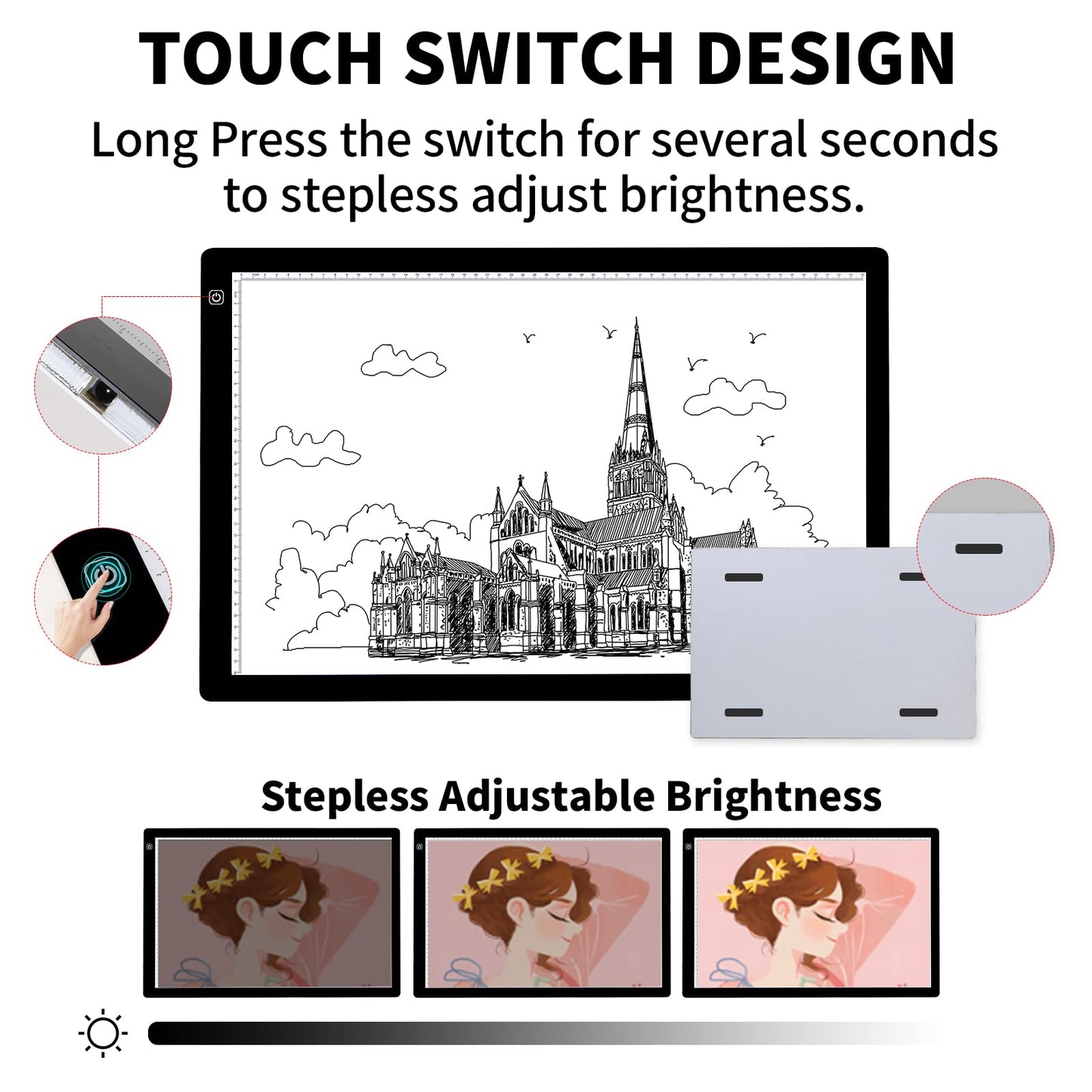TOHETO A2 Artist Tracing Light Pad with 2 Clips, 12V2A Adapter Power Stepless Dimmable Brightness Large Artcraft Light Box Copy Board for Diamond Painting Weeding Vinyl Tattoo Drawing (23.7''x15.8'')