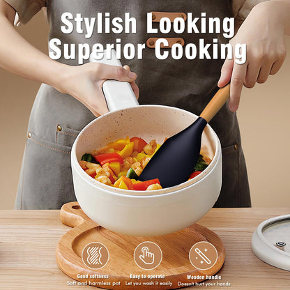 Silicone Cooking Utensils Set - Silicone Kitchen Utensils for Cooking Wooden Handles, 446°F Heat Resistant Kitchen Utensil Spatula Sets w Holder, Gadgets for Non-Stick Cookware BPA FREE (Navy Blue)