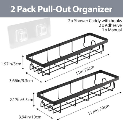 Shower Caddy Organizer - Self-Adhesive Bathroom Shelves with Hooks | No Drilling, 2 Pack Black