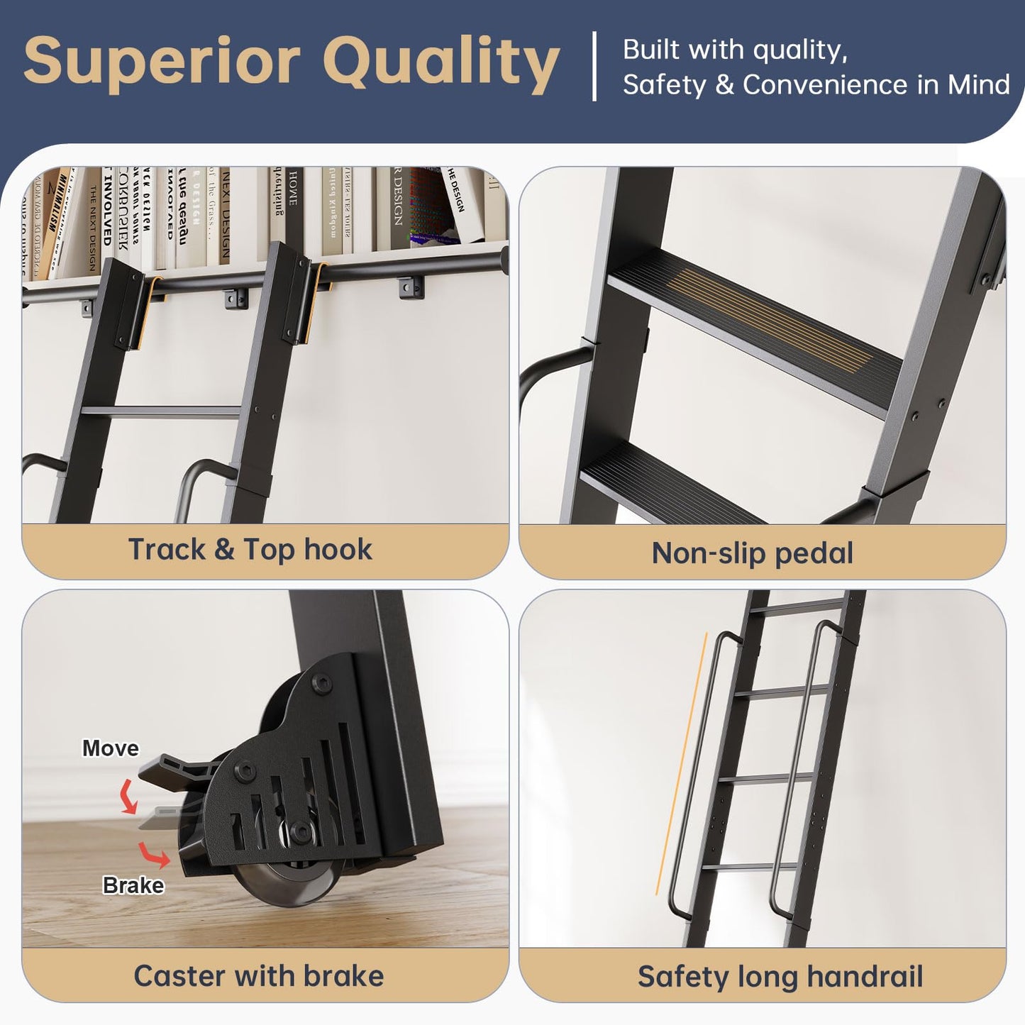CEAKIAN 8FT Aluminum Rolling Library Ladder with 4FT Sliding Hardware Kit,Telescopic Hook Track with Brake Wheel,7 Steps with Handrail,450lbs Capacity,Black,Easy Assembly,for Loft Bookcase Attic Home