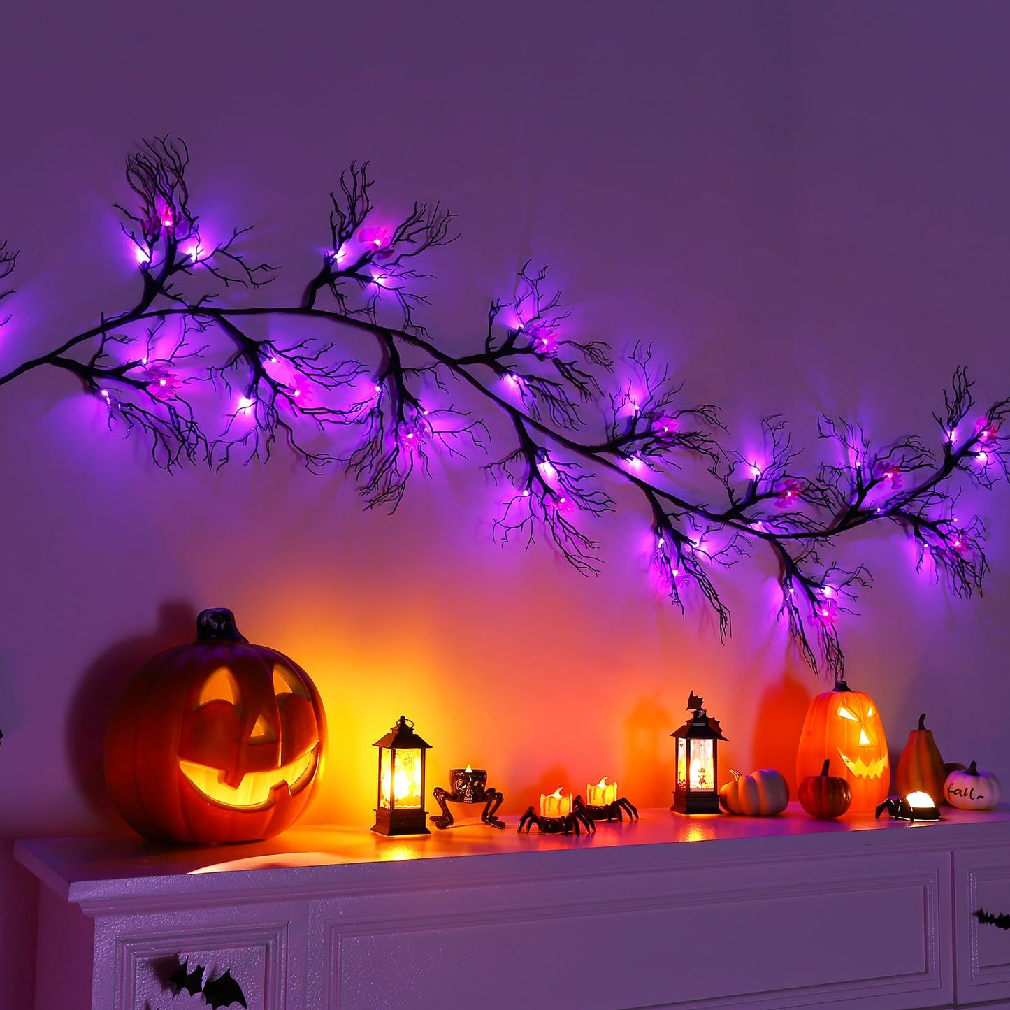 Joyhalo Halloween Garland with Lights Decorations with Bat Lights,Battery Operated 6FT 48 LED Halloween Willow Vine Twig Garland for Mantle,Wall,Fireplace and Halloween Decorations