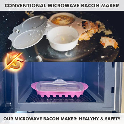 Microwave Bacon Tray with Splatter Lid, Quick and No Mess, Cooker for Crispy Bacon in Minutes, Pink