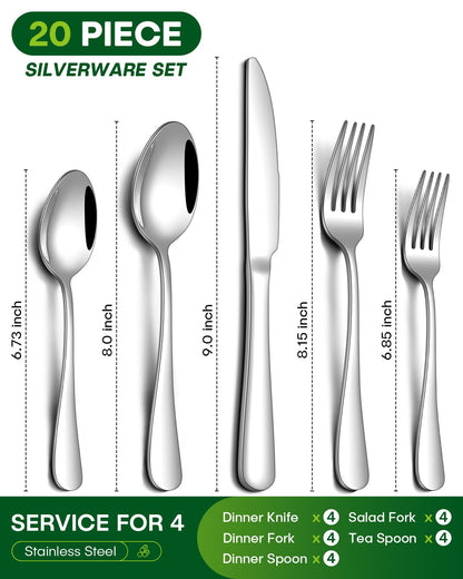PHILIPALA 20 Piece Silverware Set, Stainless Steel Flatware Set for 4 Food Grade Cutlery Utensil Set Include Knife Fork Spoon Mirror Polished Dishwasher Safe