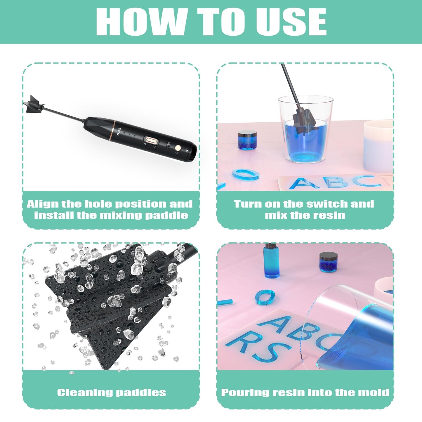 Upgraded Resin Mixer, Handheld Rechargeable Mixer with Minimizing Bubbles,Epoxy Resin Mixer for Resin, Silicone Mixing, Resin Molds, DIY Crafts (Included 4 pcs Paddles) (Black)