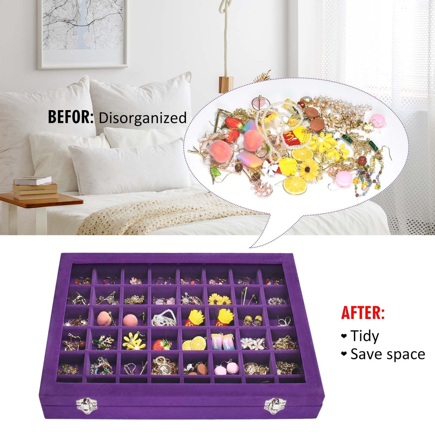 Vicoter Velvet Jewelry Tray 48 Compartments Jewelry Display Organizer with Transparent Cover Rings, Earrings, Necklaces, Pendants Storage Box for Girls, Wives, Mothers, Women