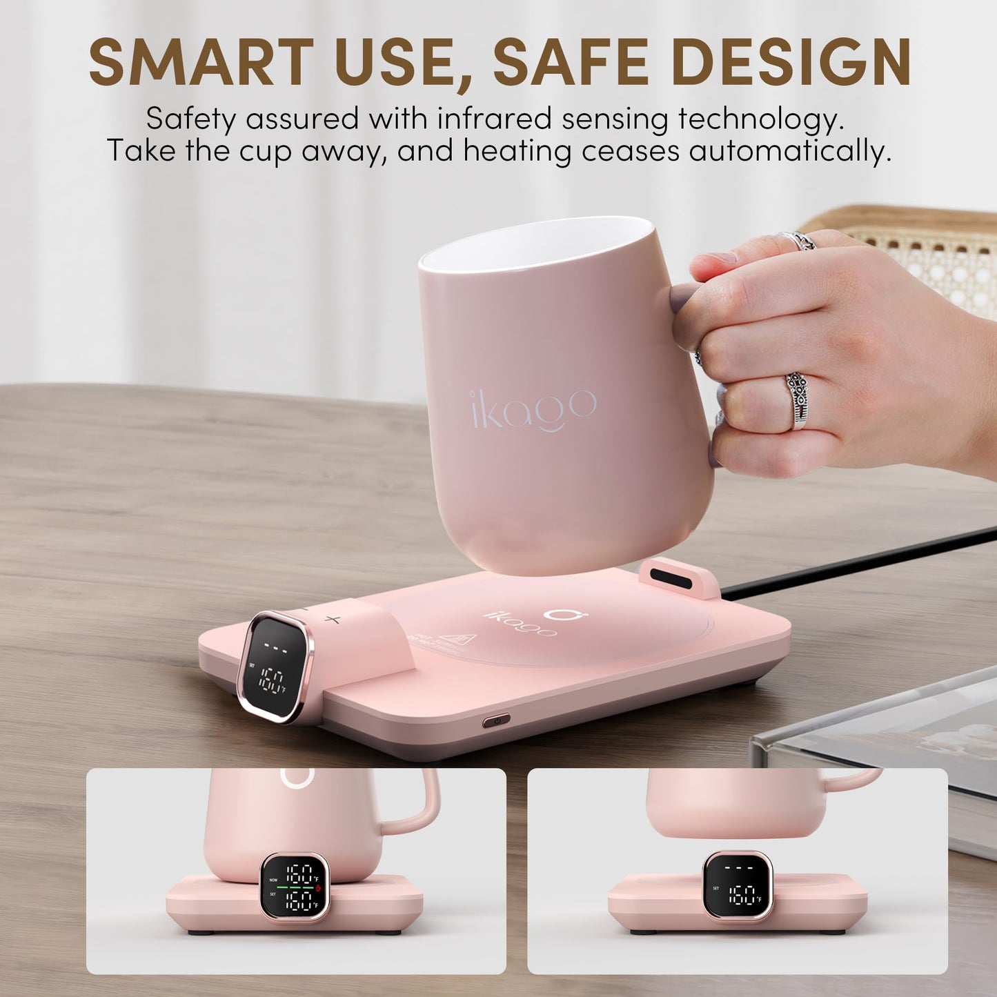 Coffee Mug Warmer Set, Temperature Control Smart Heated Mug for Desk, Electric Coffee Warmer with Auto Shut Off & Real-Time Temp Display, Gifts for Men Women, 15oz, Beige