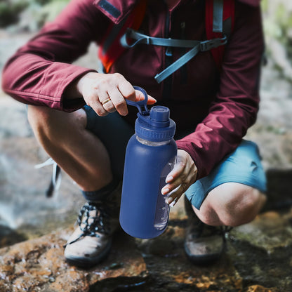 EALGRO 64 oz Glass Water Bottle With Straw and Handle, Half Gallon Sports Motivational Water Jug Flask with Silicone Sleeve, Large Water Cup with Time Marker for Travel, Gym, Black