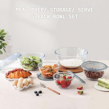 Cuiselect Glass Mixing Bowls Set - 5-Piece Nesting Bowls with Lids | Dishwasher, Microwave & Freezer Safe